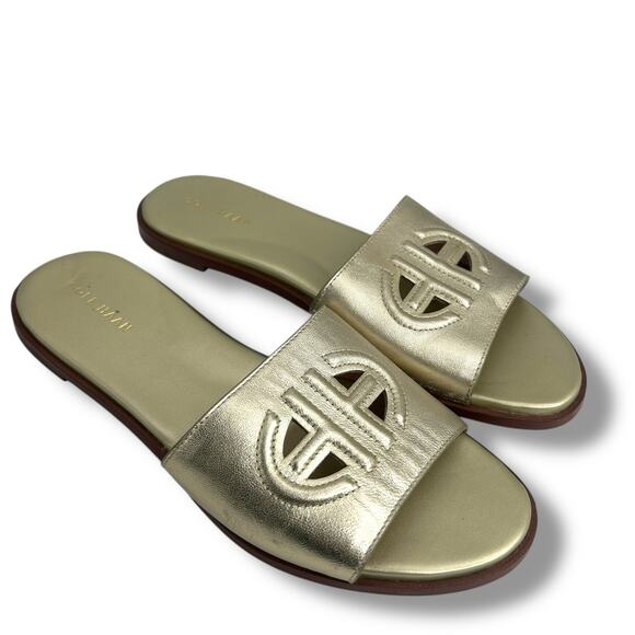 Cole Haan Flynn Logo Slide Sandals Size 10 Metallic Gold Cut out Flats - Picture 4 of 13